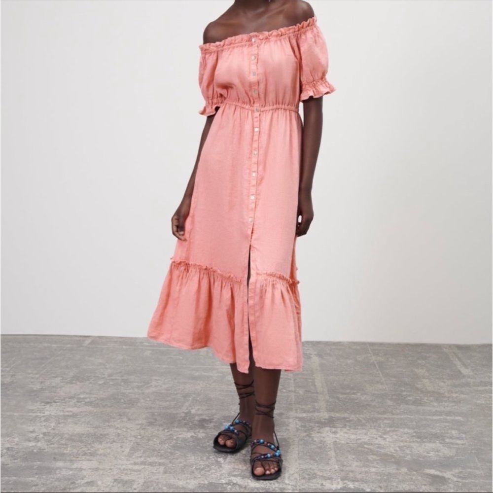 Zara Pink Ruffled Linen Dress Size XS NWT
